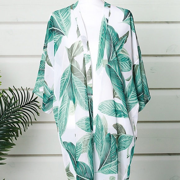 Green & Cream Leaves Kimono - Picture 1 of 5